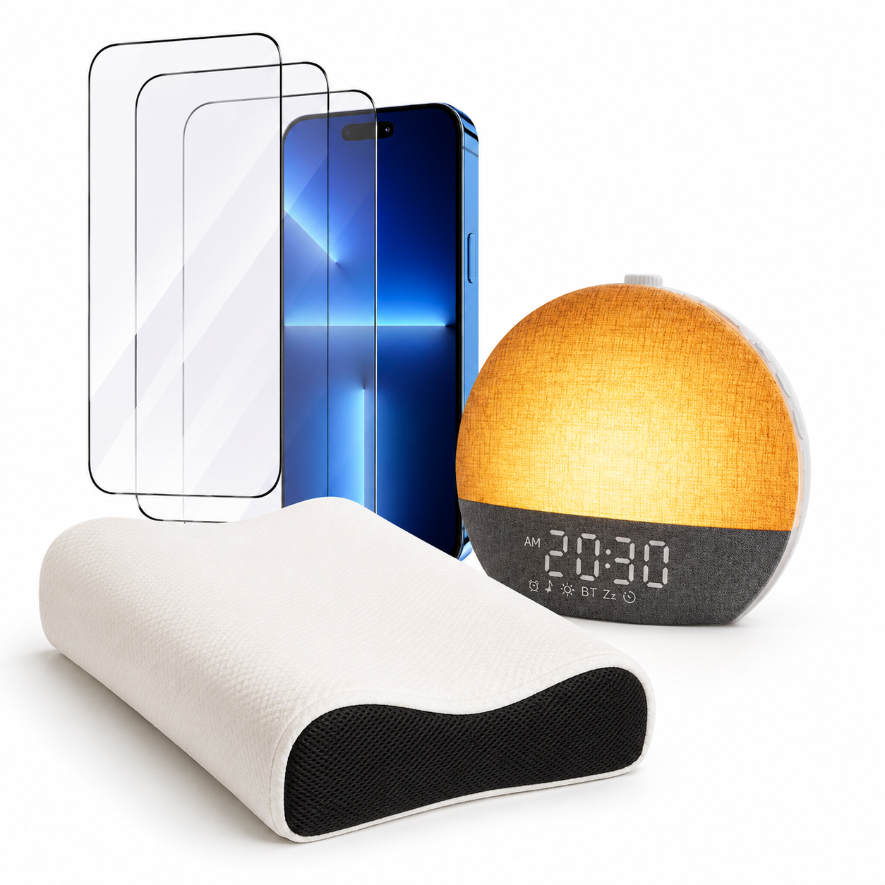 Pack Sommeil Complet comprenant un simulateur d'aube, un oreiller cervical ergonomique à mémoire de forme et un lot de 2 protections d'écran anti-lumière bleue pour améliorer le sommeil – Belgique